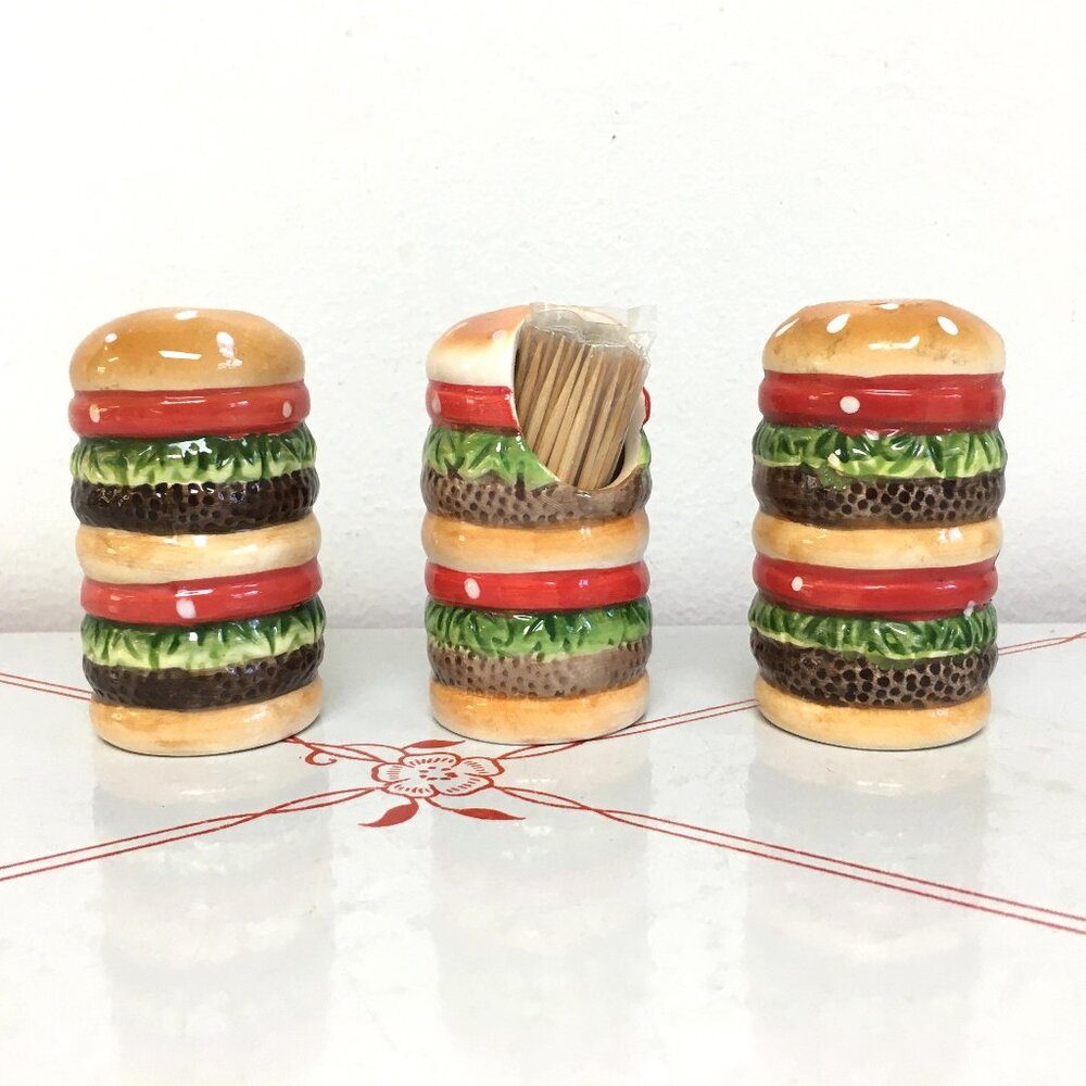 Double Decker Stacked Hamburger Salt, Pepper & Toothpick Holder Set